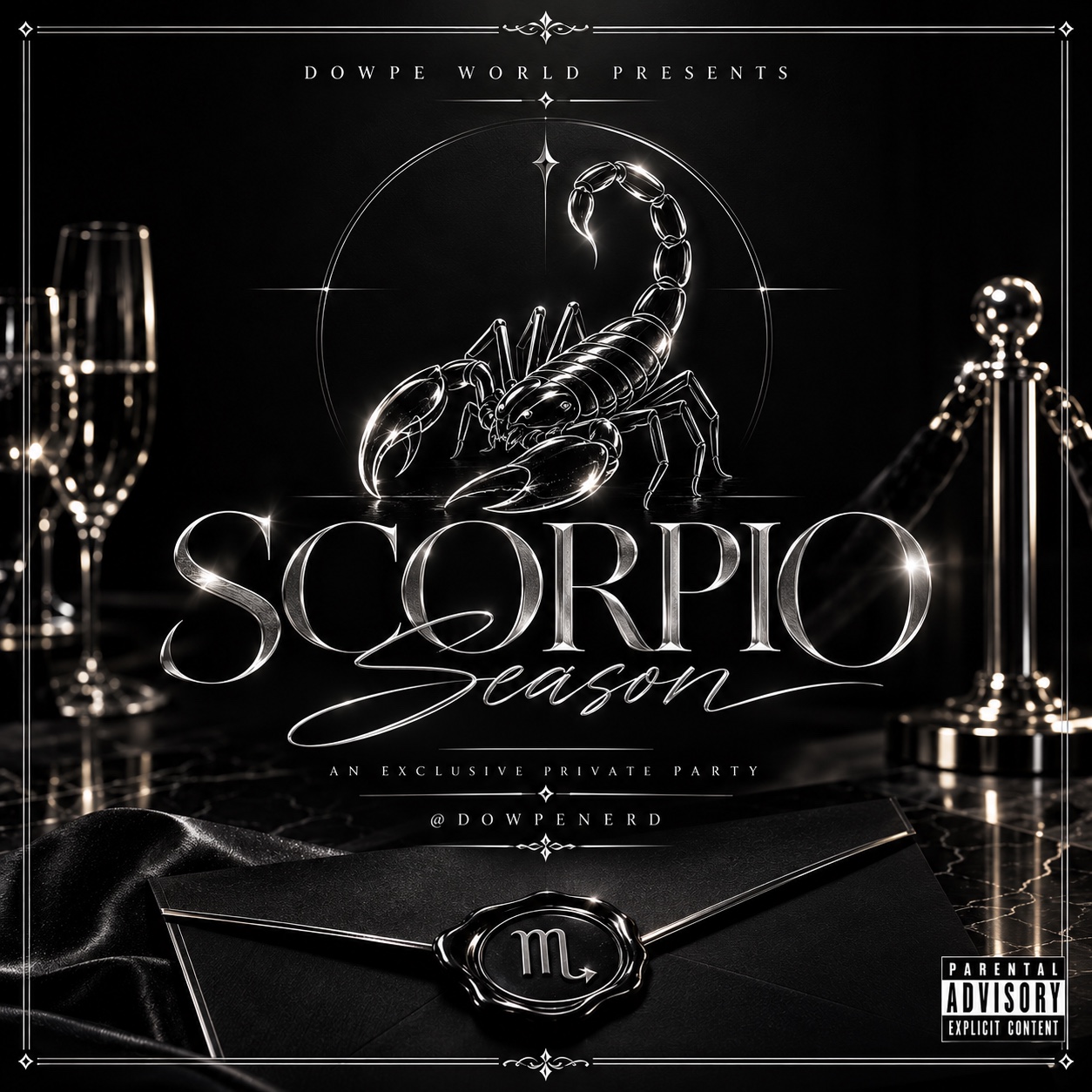 Scorpio Season album cover, with a polished silver scorpion, black invitation and silver trim.
